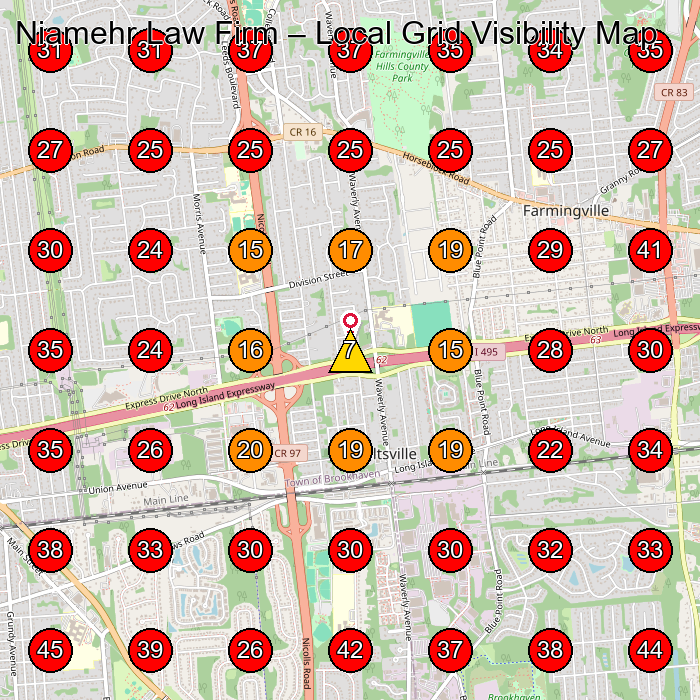 Niamehr Law Firm GeoGrid visibility map for Personal Injury Attorney in Ronkonkoma